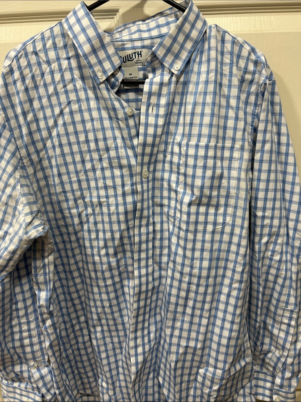 Duluth Trading Co Men’s Light Blue and White Check Button-Down Shirt